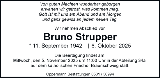 Traueranzeige von Bruno Strupper von Braunschweiger Zeitung