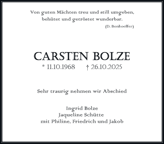 Traueranzeige von Carsten Bolze von Salzgitter-Zeitung