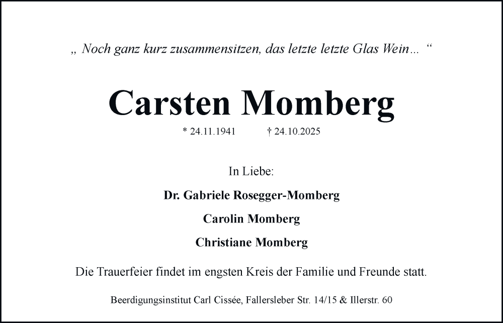  Traueranzeige für Carsten Momberg vom 01.11.2025 aus Salzgitter-Zeitung