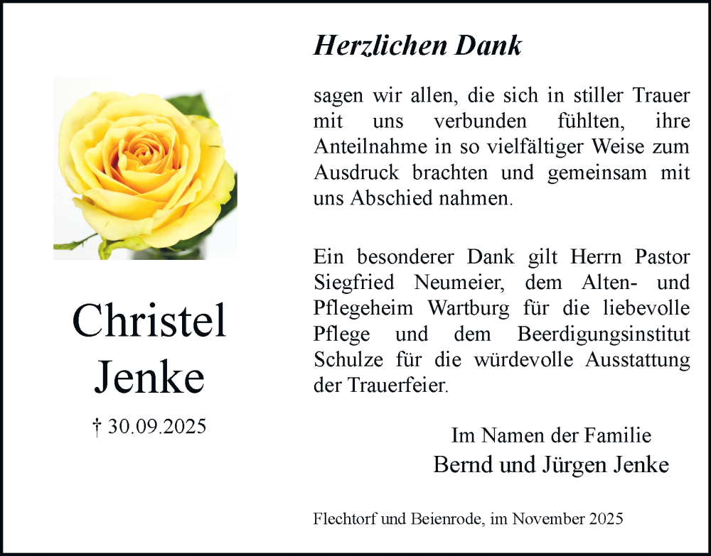  Traueranzeige für Christel Jenke vom 01.11.2025 aus Helmstedter Nachrichten