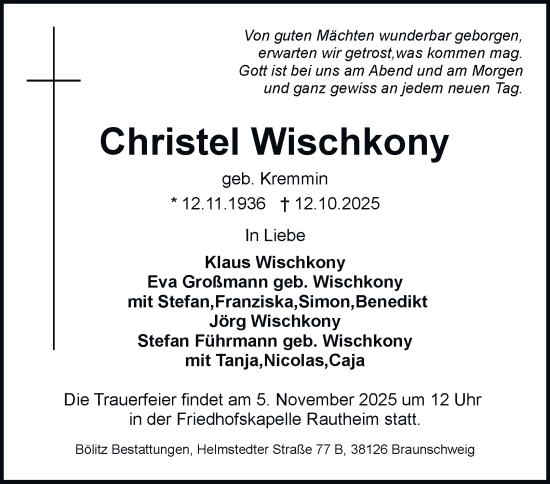 Traueranzeige von Christel Wischkony von Braunschweiger Zeitung