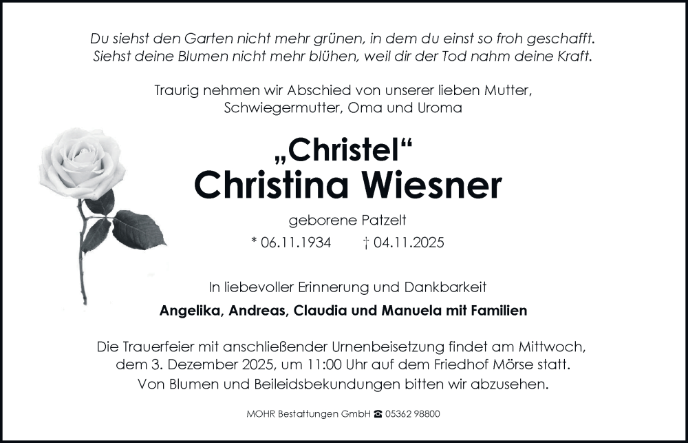  Traueranzeige für Christina Wiesner vom 15.11.2025 aus Braunschweiger Zeitung, Wolfsburger Nachrichten
