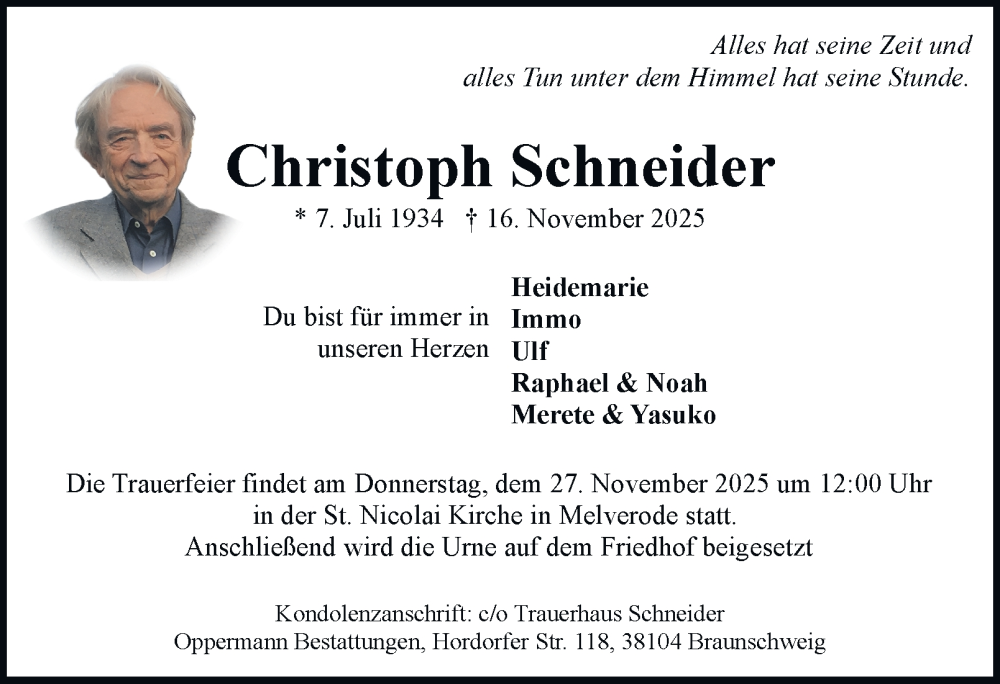  Traueranzeige für Christoph Schneider vom 22.11.2025 aus Braunschweiger Zeitung