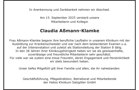 Traueranzeige von Claudia Aßmann-Klamke von Salzgitter-Zeitung