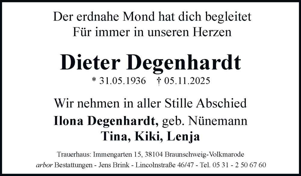  Traueranzeige für Dieter Degenhardt vom 15.11.2025 aus Braunschweiger Zeitung