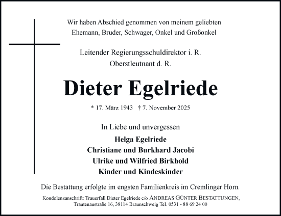 Traueranzeige von Dieter Egelriede von Braunschweiger Zeitung