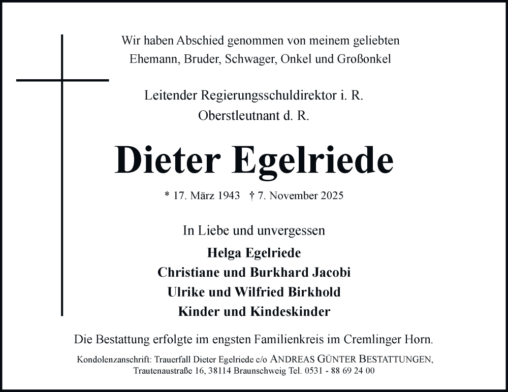  Traueranzeige für Dieter Egelriede vom 29.11.2025 aus Braunschweiger Zeitung