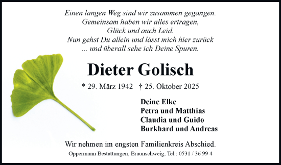 Traueranzeige von Dieter Golisch von Braunschweiger Zeitung