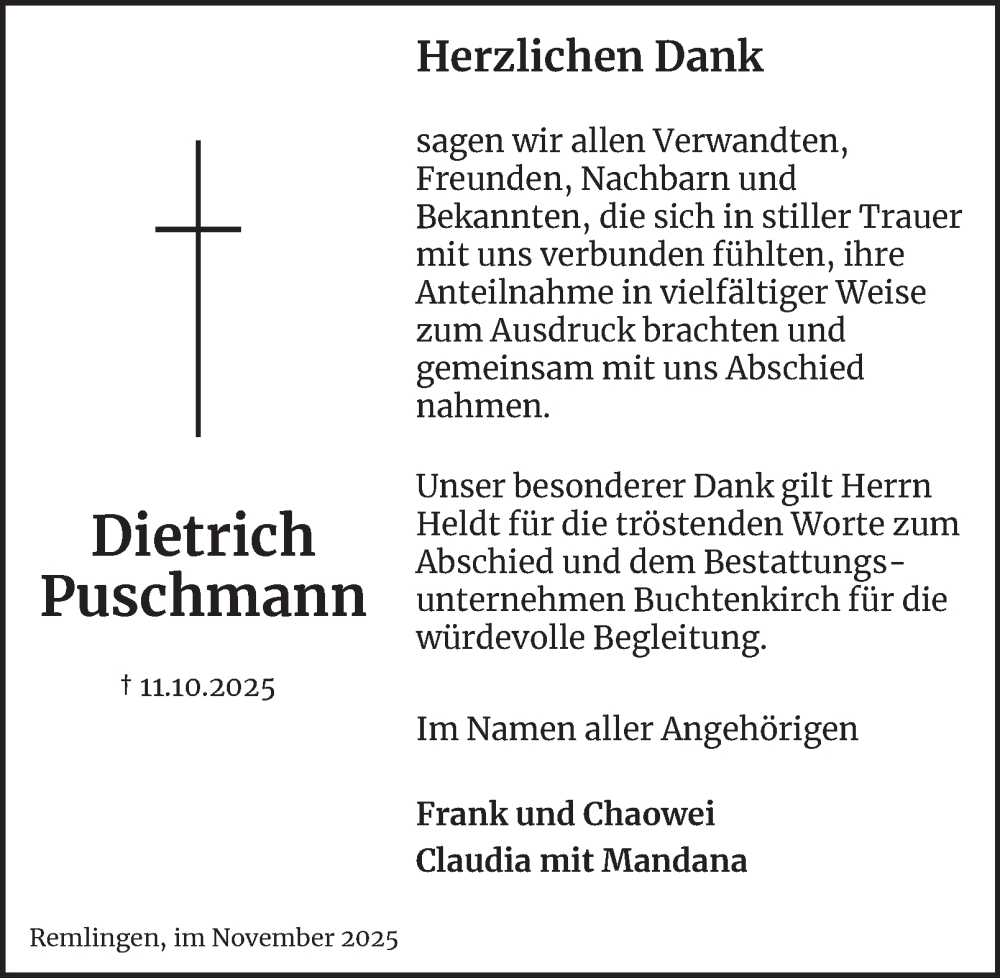  Traueranzeige für Dietrich Puschmann vom 08.11.2025 aus Wolfenbütteler Zeitung