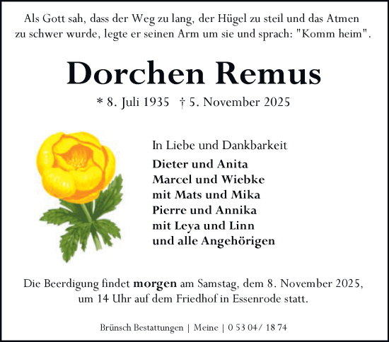 Traueranzeige von Dorchen Remus von Helmstedter Nachrichten