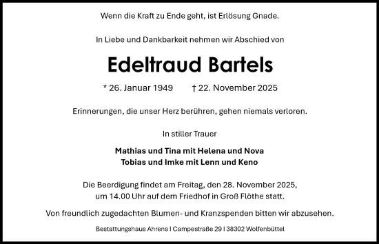 Traueranzeige von Edeltraud Bartels von Salzgitter-Zeitung