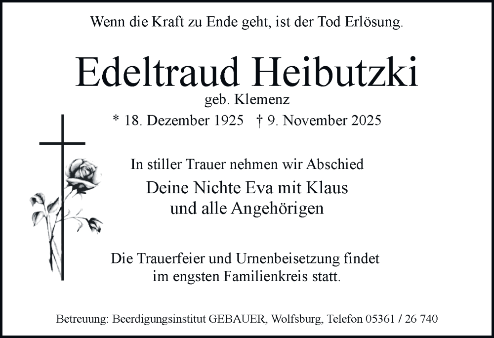  Traueranzeige für Edeltraud Heibutzki vom 29.11.2025 aus Helmstedter Nachrichten