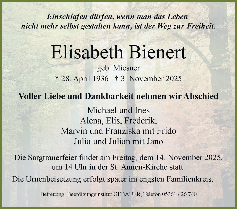  Traueranzeige für Elisabeth Bienert vom 11.11.2025 aus Braunschweiger Zeitung, Wolfsburger Nachrichten
