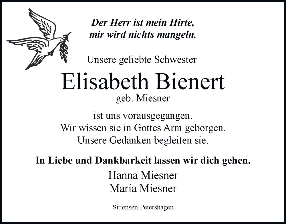  Traueranzeige für Elisabeth Bienert vom 11.11.2025 aus Braunschweiger Zeitung, Wolfsburger Nachrichten