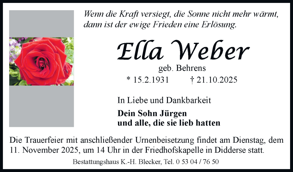  Traueranzeige für Ella Weber vom 01.11.2025 aus Braunschweiger Zeitung, Wolfsburger Nachrichten