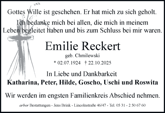 Traueranzeige von Emilie Reckert von Braunschweiger Zeitung