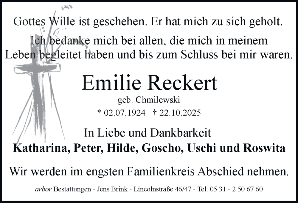  Traueranzeige für Emilie Reckert vom 08.11.2025 aus Braunschweiger Zeitung