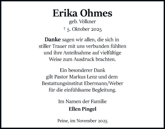 Traueranzeige von Erika Ohmes von Peiner Nachrichten
