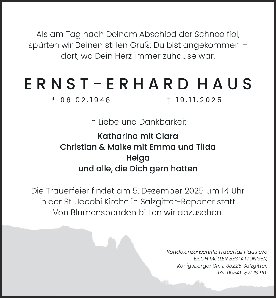  Traueranzeige für Ernst-Erhard Haus vom 29.11.2025 aus Salzgitter-Zeitung