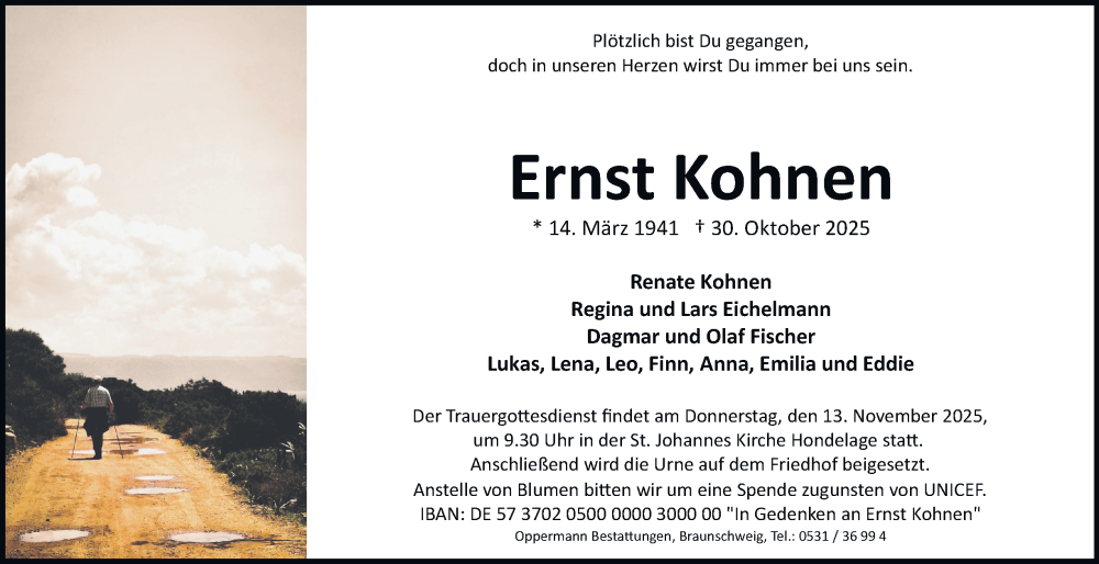  Traueranzeige für Ernst Kohnen vom 08.11.2025 aus Braunschweiger Zeitung