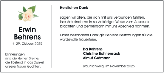 Traueranzeige von Erwin Behrens von Braunschweiger Zeitung