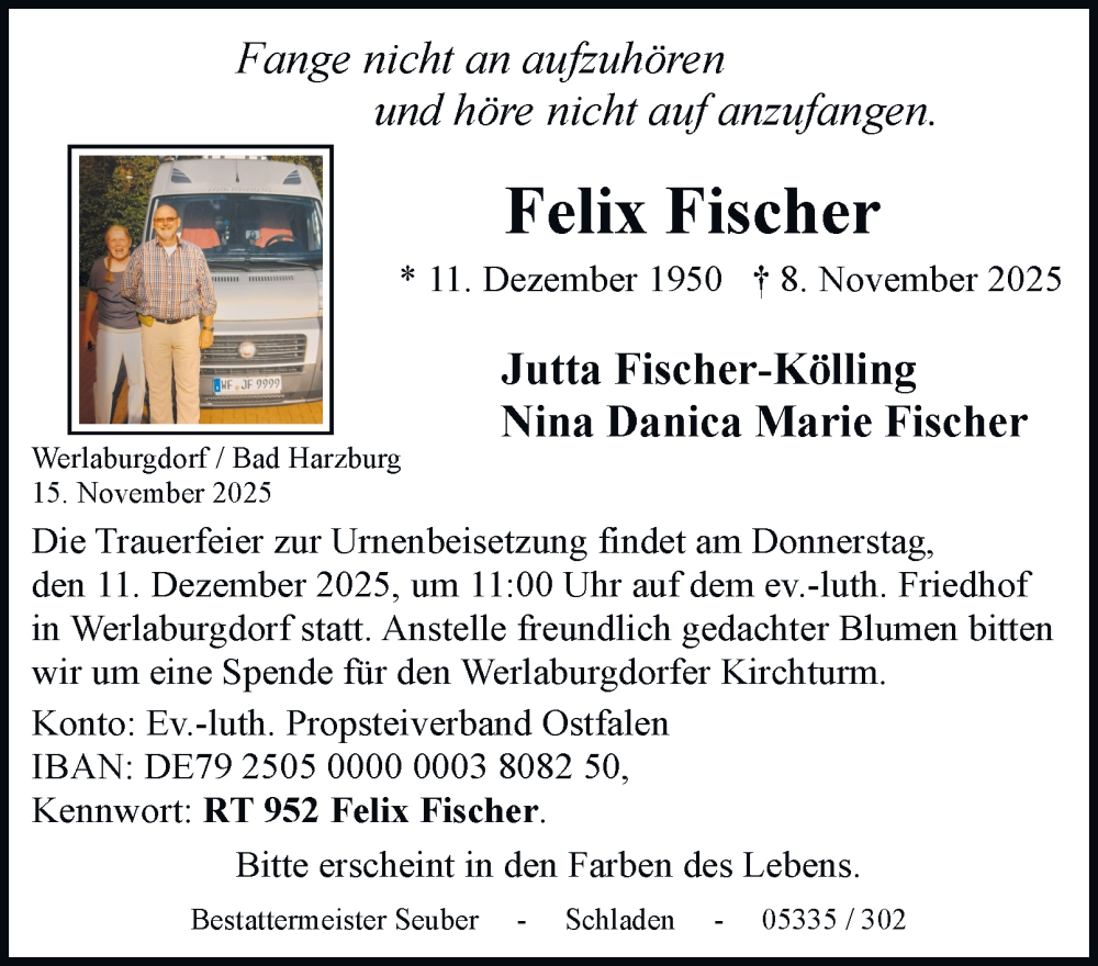  Traueranzeige für Felix Fischer vom 15.11.2025 aus Braunschweiger Zeitung