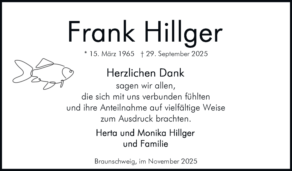  Traueranzeige für Frank Hillger vom 08.11.2025 aus Braunschweiger Zeitung