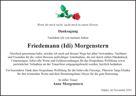Traueranzeige von Friedemann Morgenstern von Braunschweiger Zeitung, Wolfsburger Nachrichten