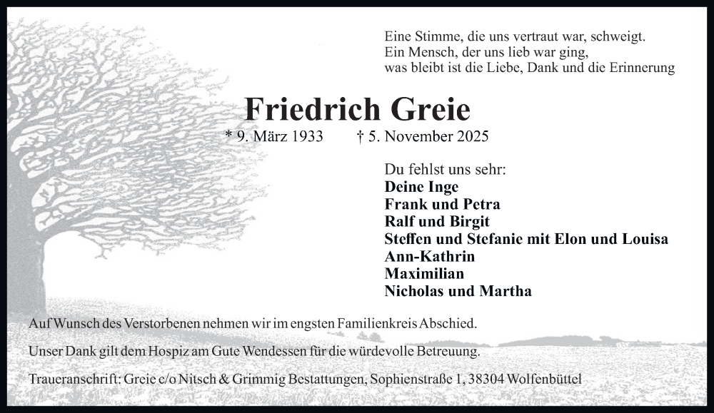  Traueranzeige für Friedrich Greie vom 15.11.2025 aus Wolfenbütteler Zeitung