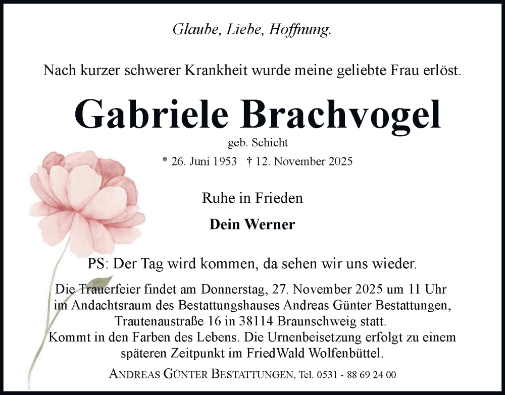  Traueranzeige für Gabriele Brachvogel vom 22.11.2025 aus Braunschweiger Zeitung