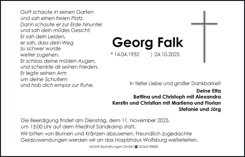  Traueranzeige für Georg Falk vom 01.11.2025 aus Braunschweiger Zeitung, Wolfsburger Nachrichten