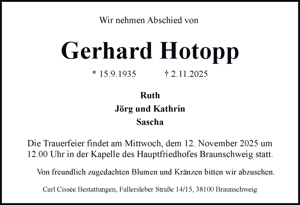  Traueranzeige für Gerhard Hotopp vom 08.11.2025 aus Braunschweiger Zeitung