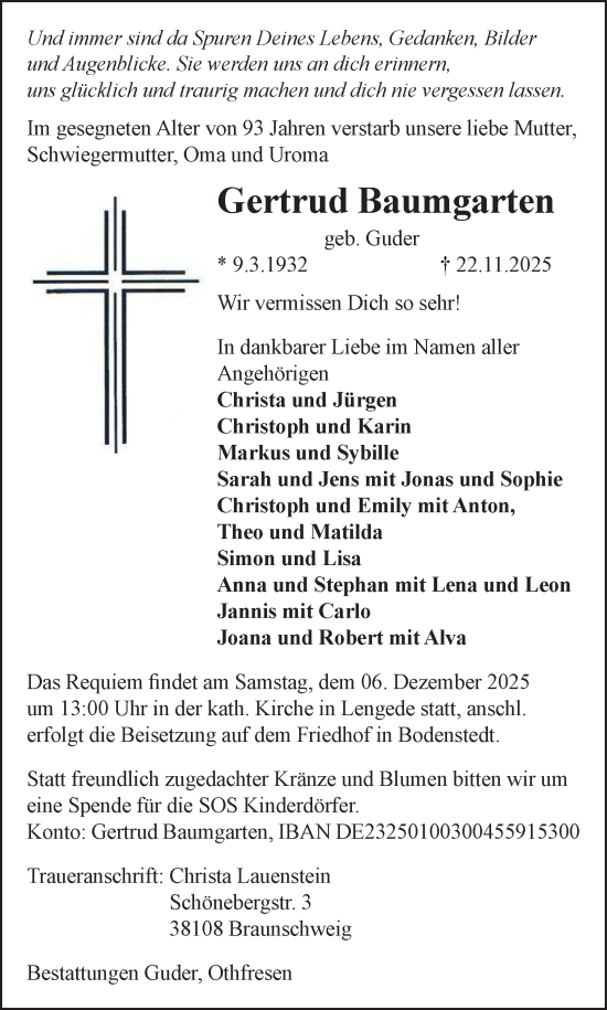 Traueranzeige von Gertrud Baumgarten von Peiner Nachrichten
