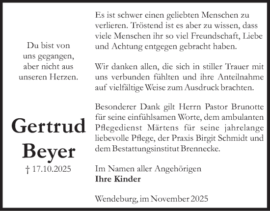 Traueranzeige von Gertrud Beyer von Peiner Nachrichten