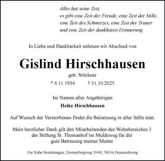 Traueranzeige von Gislind Hirschhausen von Braunschweiger Zeitung