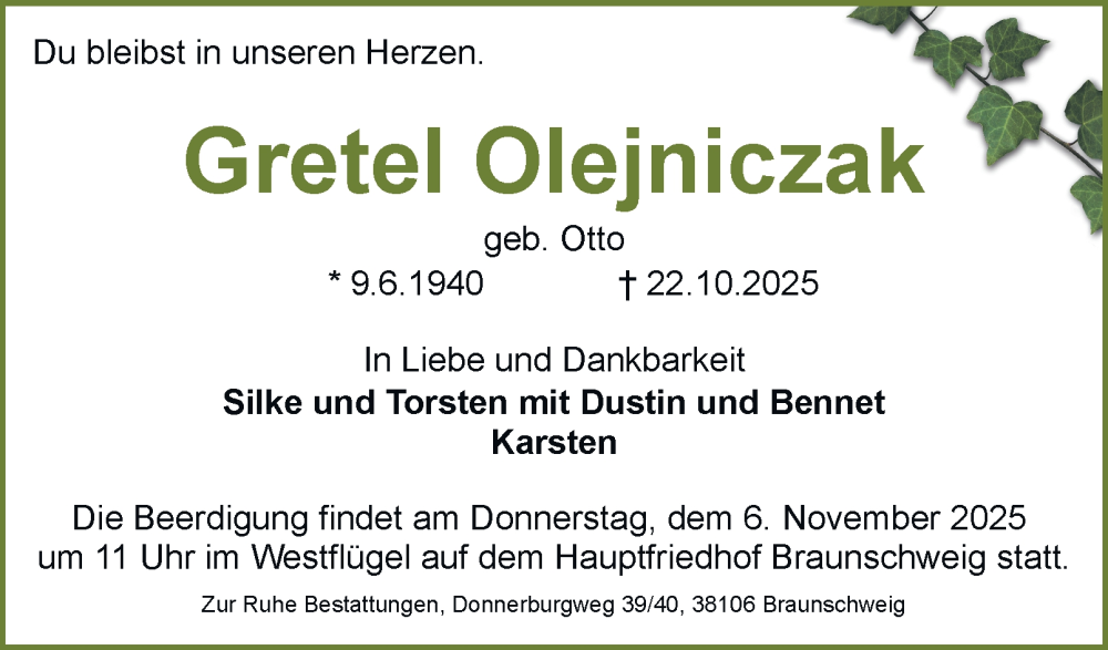  Traueranzeige für Gretel Olejniczak vom 05.11.2025 aus Braunschweiger Zeitung