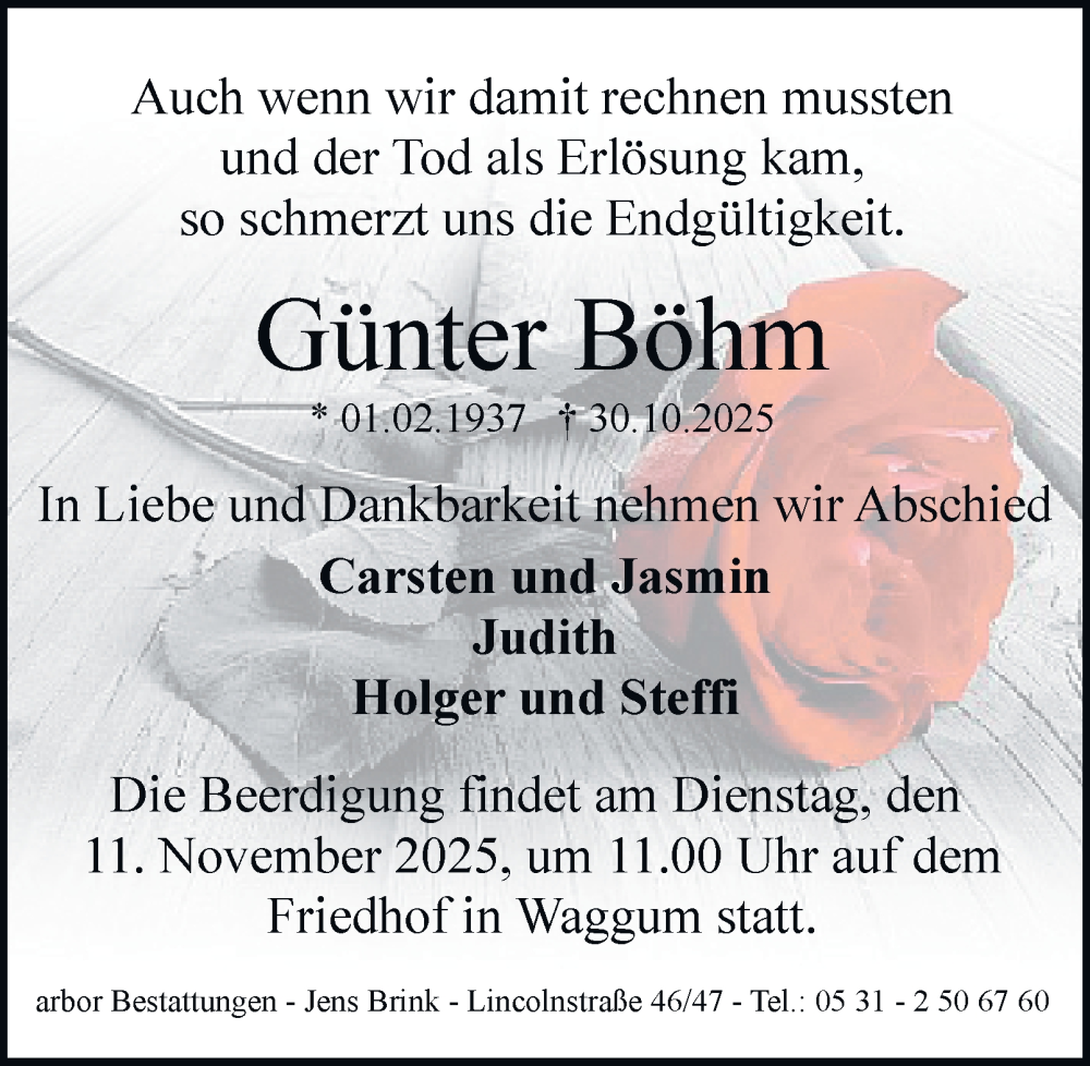  Traueranzeige für Günter Böhm vom 08.11.2025 aus Braunschweiger Zeitung