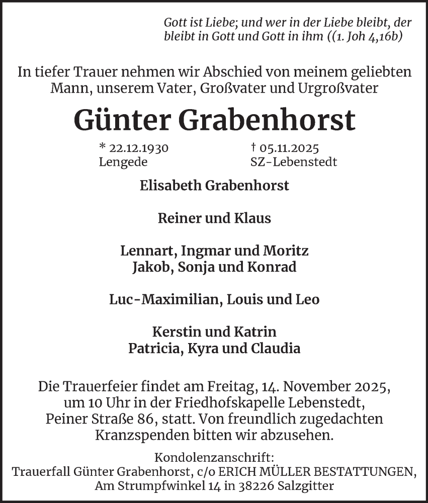  Traueranzeige für Günter Grabenhorst vom 12.11.2025 aus Salzgitter-Zeitung, Peiner Nachrichten