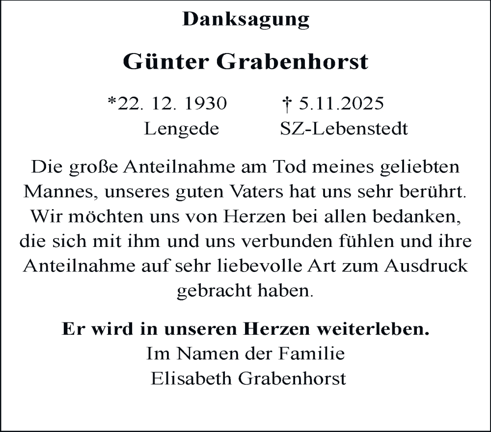  Traueranzeige für Günter Grabenhorst vom 22.11.2025 aus Salzgitter-Zeitung, Peiner Nachrichten