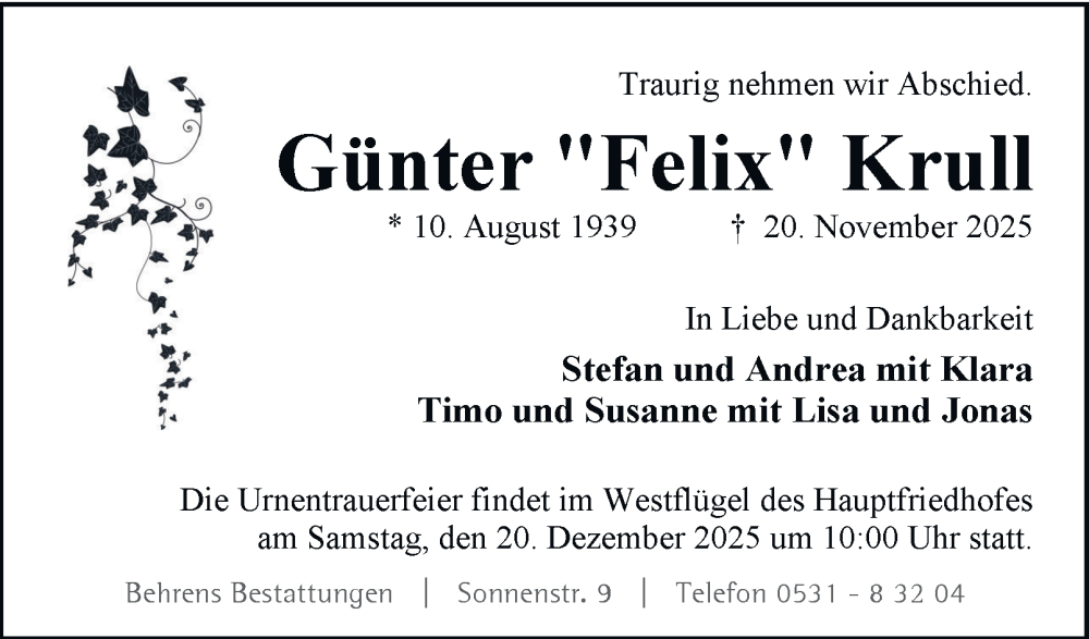  Traueranzeige für Günter Krull vom 29.11.2025 aus Braunschweiger Zeitung