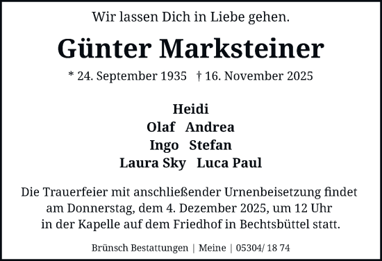 Traueranzeige von Günter Marksteiner von Braunschweiger Zeitung