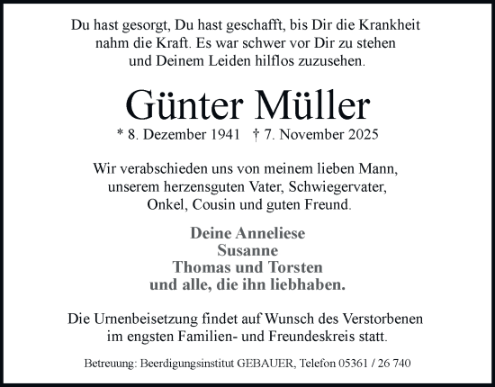 Traueranzeige von Günter Müller von Braunschweiger Zeitung, Wolfsburger Nachrichten