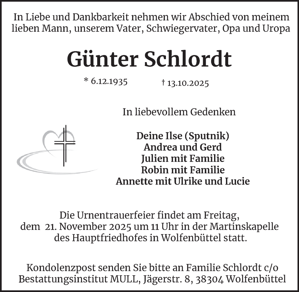  Traueranzeige für Günter Schlordt vom 15.11.2025 aus Wolfenbütteler Zeitung