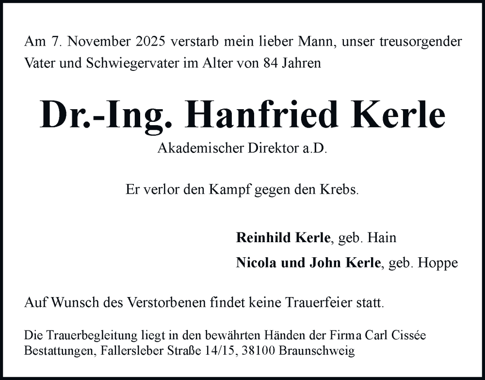 Traueranzeige für Hanfried Kerle vom 15.11.2025 aus Braunschweiger Zeitung