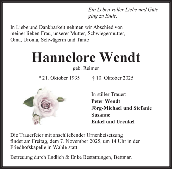 Traueranzeige von Hannelore Wendt von Peiner Nachrichten