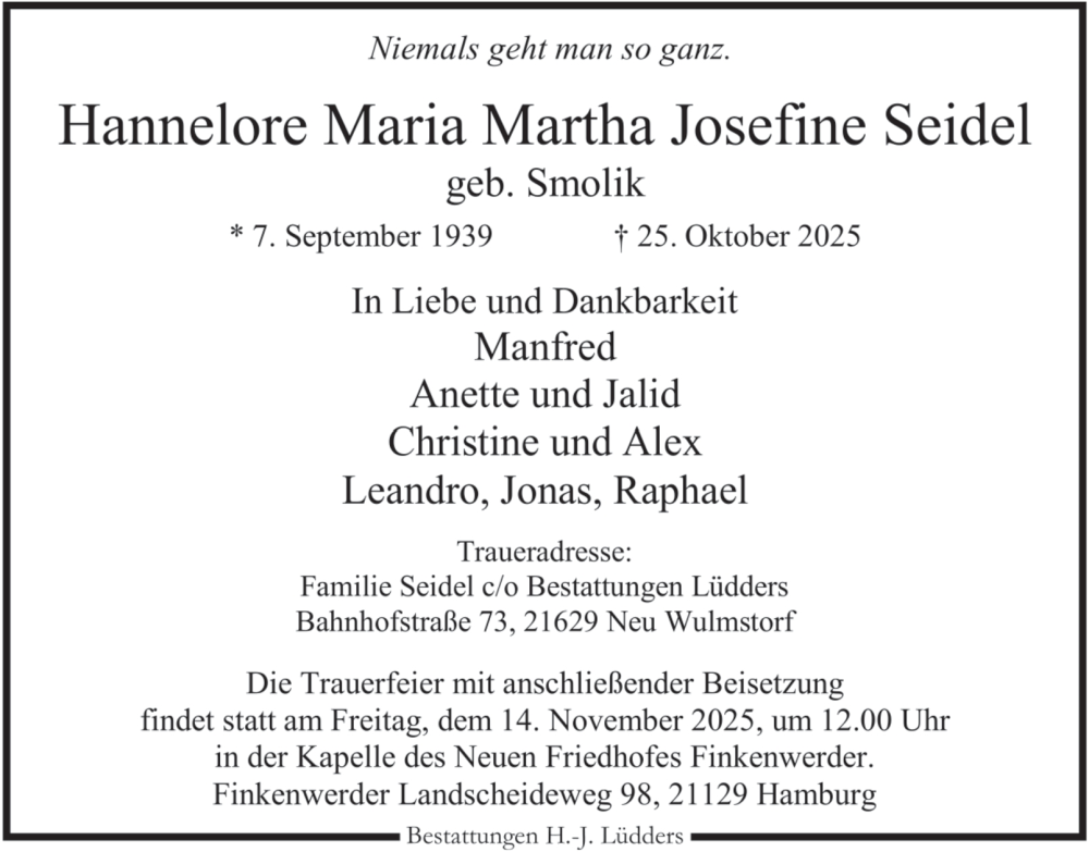  Traueranzeige für Hannelore Maria Martha Josefine Seidel vom 08.11.2025 aus Wolfenbütteler Zeitung