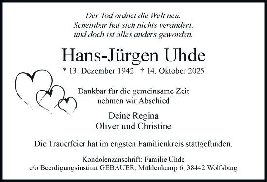 Traueranzeige von Hans-Jürgen Uhde von Braunschweiger Zeitung, Wolfsburger Nachrichten