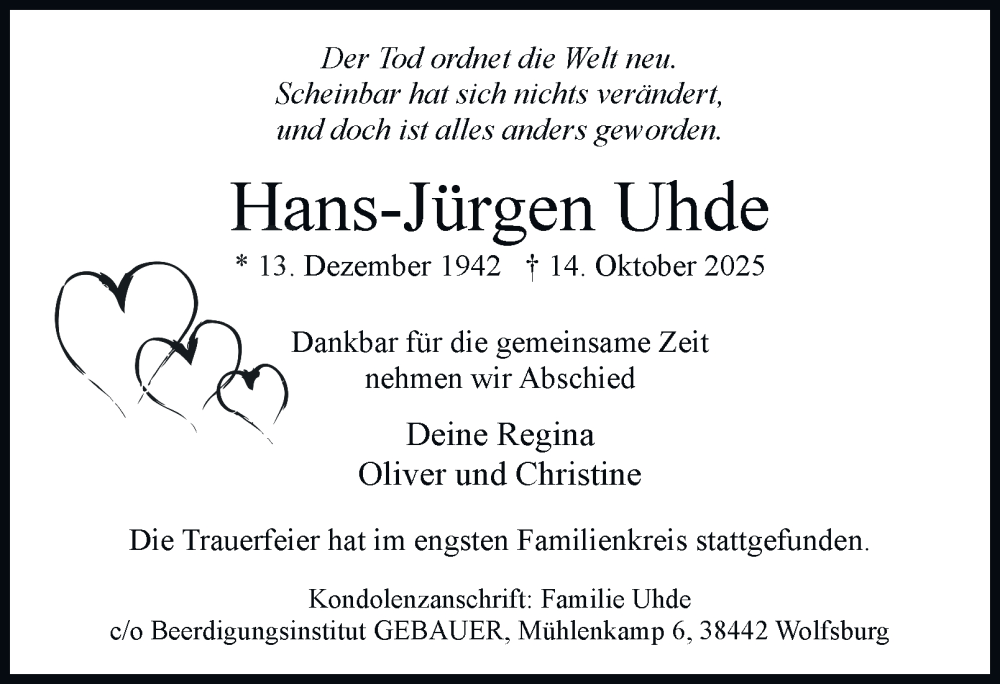  Traueranzeige für Hans-Jürgen Uhde vom 08.11.2025 aus Braunschweiger Zeitung, Wolfsburger Nachrichten