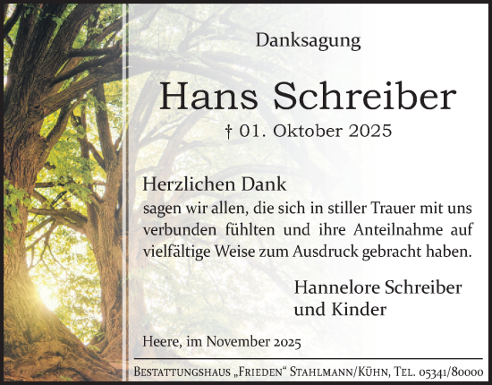 Traueranzeige von Hans Schreiber von Salzgitter-Zeitung