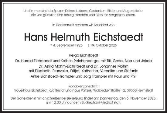 Traueranzeige von Hans Helmuth Eichstaedt von Helmstedter Nachrichten